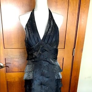 Cachè Navy Tiered Ruffle Halter Dress